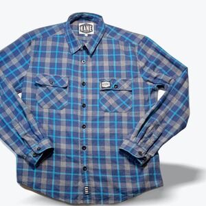 Kane Brewing Company Flannel Shirt Mens XL Blue Grey Plaid Cotton Brist Mfg